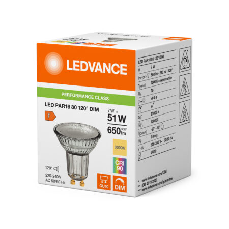 PAR16 80120 DIM 7W/930 GU10 650lm
LEEDLAMP Par 16 pakend